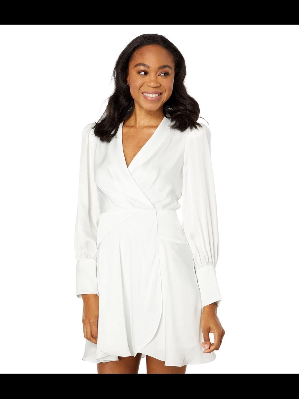BCBGMaxAzria White Long-Sleeve Faux Wrap Satin Dress Size 10